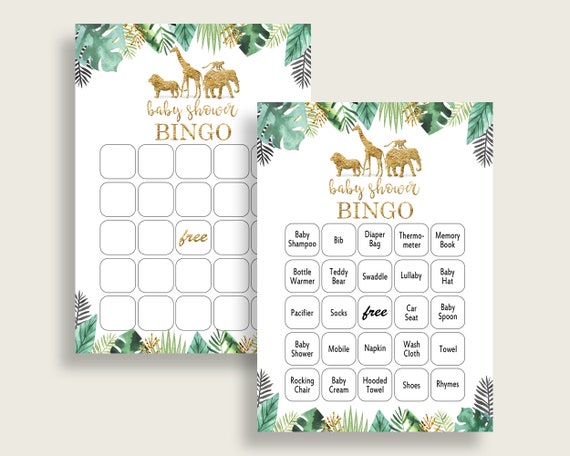 Jungle Baby Shower Bingo Cards Printable, Gold Green Baby Shower Gender Neutral, 60 Prefilled Bingo Game Cards, Cute Animals EJRED Il_570xn