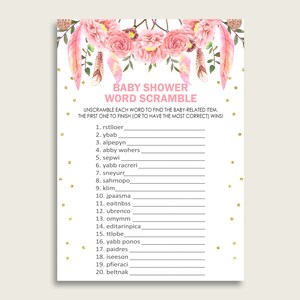 Girl Baby Shower Word Scramble Game Printable, Cute Dreamcatcher Pink Gold Word Scramble, Funny Activity, Instant Download, I60OO