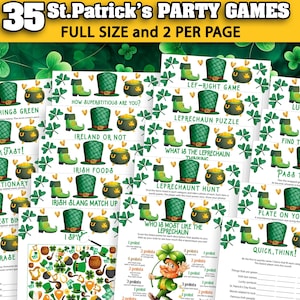 May include: A set of 35 printable St. Patrick's Day party games. The games include activities like "Think Fast!" and "Irish Slang Match Up".