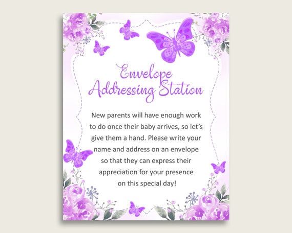 Purple White Baby Shower Address Sign Printable, Butterfly Envelope Station Sign, Envelope Addressing Baby Shower Girl, Floral Garden 7AANK Il_570xn