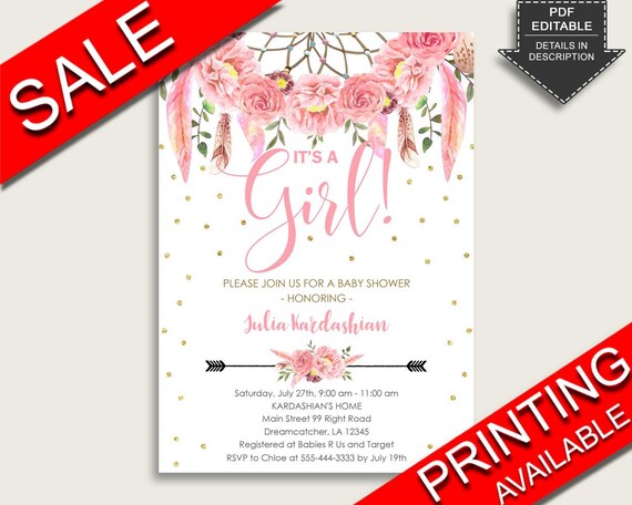 Dreamcatcher Baby Shower Invitations Printable, Digital Or Printed Invitation Baby Shower Girl, Editable Invitation Pink Gold Bohemian I60OO Il_570xn