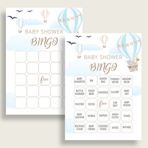 Heteluchtballon Baby Douche Bingo Kaarten Afdrukbaar, Blauw Wit Baby Douche Jongen, 60 Voorgevulde Bingo Spelkaarten, Baby Dieren CSXIS