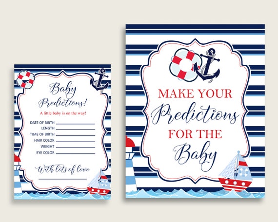 Nautical Baby Shower Prediction Cards & Sign Printable, Blue Red Baby Prediction Game Boy, Instant Download, Sailboat Anchor Navy Blue DHTQT Il_570xn