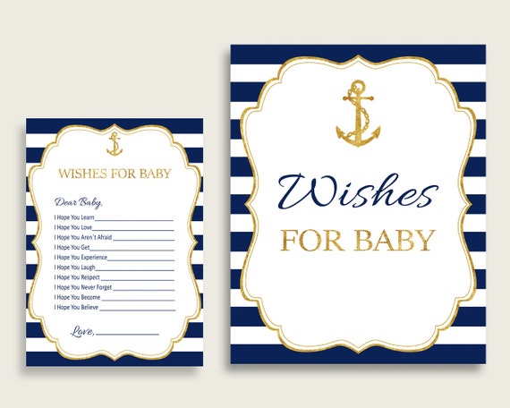 Blue Gold Wishes For Baby Cards & Sign, Anchor Baby Shower Boy Well Wishes Game Printable, Instant Download, Cute Nautical Navy Gold NTDD8 Il_570xn