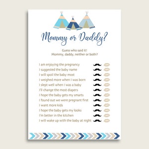 Blue Beige Mommy Or Daddy Baby Shower Boy Game Printable, Tribal Teepee Guess Who Said It, He Said She Said, Instant Download, KS6AW