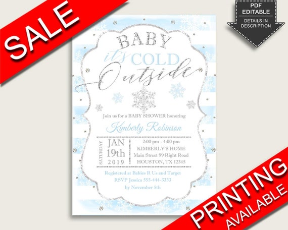 Winter Baby Shower Invitations Printable, Digital Or Printed Invitation Baby Shower Boy, Editable Invitation Silver Blue Snowflakes bs003 Il_570xn