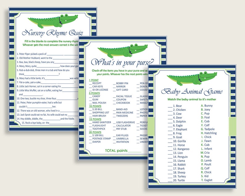 Alligator Baby Shower Games Printable Pack, Blue Green Baby Shower Games Package Boy, Alligator Games Bundle Set, Instant Download ap002 image 3