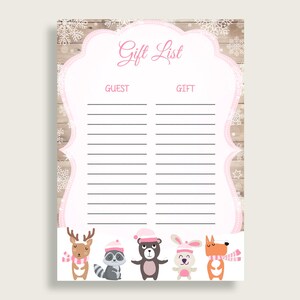 Gift List Baby Shower Gift List Forest Girl Baby Shower Gift List Baby Shower Forest Girl Gift List Pink White printables pdf jpg OBJUF