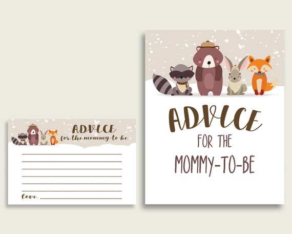 Winter Woodland Advice For Mommy To Be Cards & Sign, Printable Baby Shower Beige Brown Advice For New Parents, Instant Download, RM4SN Il_570xn