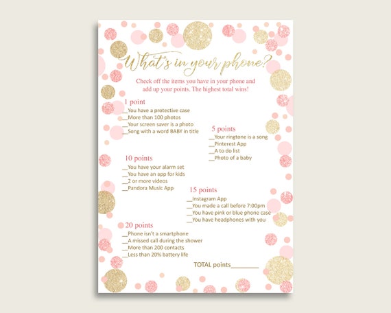 Pink Gold What's In Your Phone Game, Dots Baby Shower Girl, What's In Your Cell Phone Printable, Instant Download, Polka Dots RUK83 Il_570xn