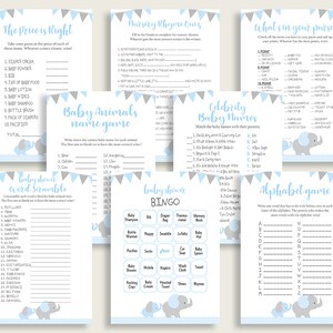 Elephant Baby Shower Games Printable Pack, Blue Grey Baby Shower Games Package Boy, Elephant Games Bundle Set, Instant Download, ebl02