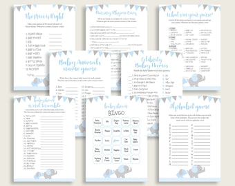 Elephant Baby Shower Games Printable Pack, Blue Grey Baby Shower Games Package Boy, Elephant Games Bundle Set, Instant Download, ebl02