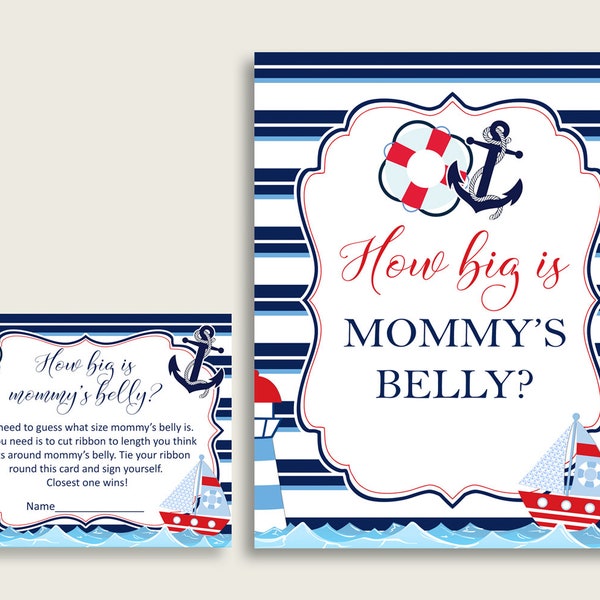 Blue Red How Big Is Mommy's Belly Game, Nautical Baby Shower Boy, Guess Mommys Belly Size, Mommy Tummy Game, Instant Download, DHTQT