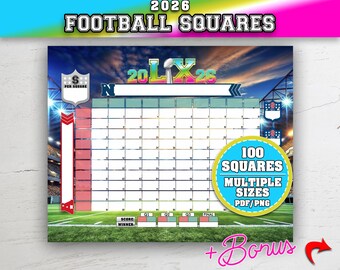 2026 Football Squares, 100 Squares Football Pool, Team Fundraiser, Super Big Bowl Pool, Football Squares, The Big Game Day LX Game Match