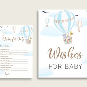 Blue White Wishes For Baby Cards & Sign, Hot Air Balloon Baby Shower Boy Well Wishes Game Printable, Instant Download, Up Up And Away CSXIS