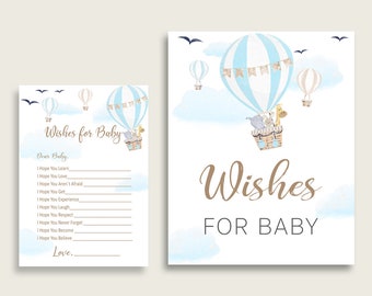 Blue White Wishes For Baby Cards & Sign, Hot Air Balloon Baby Shower Boy Well Wishes Game Printable, Instant Download, Up Up And Away CSXIS