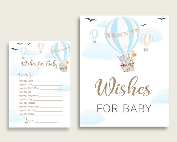 Blue White Wishes For Baby Cards & Sign, Hot Air Balloon Baby Shower Boy Well Wishes Game Printable, Instant Download, Up Up And Away CSXIS Il_570xn