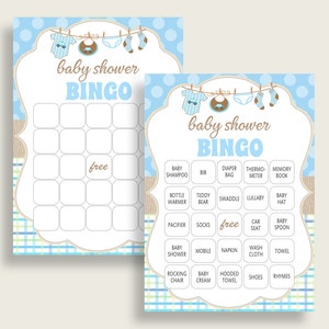 Kleding Baby Shower Bingo Kaarten Afdrukbaar, Blauw Beige Baby Douche Jongen, 60 Voorgevulde Bingo Game Cards, Cute Unique Theme Populair Meest bc001
