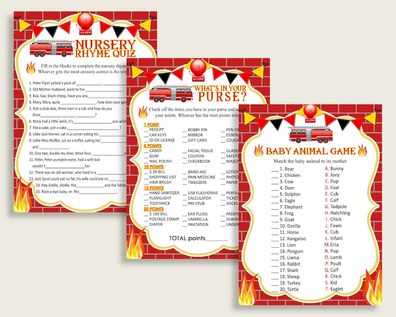 Firetruck Baby Shower Games Printable Pack Red Yellow Baby - Etsy