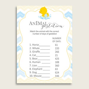 Rubber Duck Animal Pregnancy Gestation Game, Yellow Blue Baby Shower Boy Printable Activities, Instant Download, Ducky Duck Baby Duck rd002