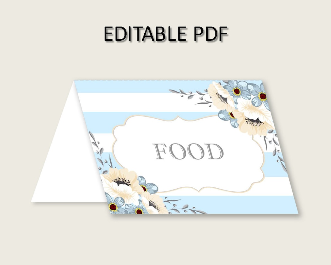 Stripes Folded Food Tent Cards Printable, Blue White Editable Pdf ...
