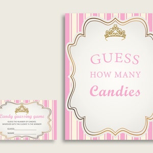 Pink Gold Candy Guessing Game, Royal Princess Baby Shower Girl Sign And Cards, Guess How Many Candies, Candy Jar Game, Jelly Beans rp002