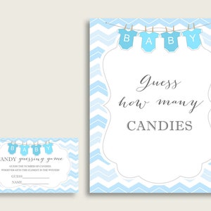 Gioco di indovinare caramelle blu bianche, cartello e carte Chevron Baby Shower Boy, indovina quante caramelle, gioco di barattoli di caramelle, Jelly Beans, cbl01 istantaneo