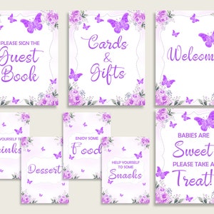 Farfalla Baby Shower Girl Table Signs Stampabile, Viola Bianco Party Table Decor, Bomboniere, Cibo, Bevande, Treat, Libro degli ospiti, Instant 7AANK