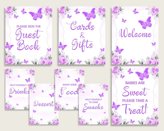 Butterfly Baby Shower Girl Table Signs Printable Purple White Etsy