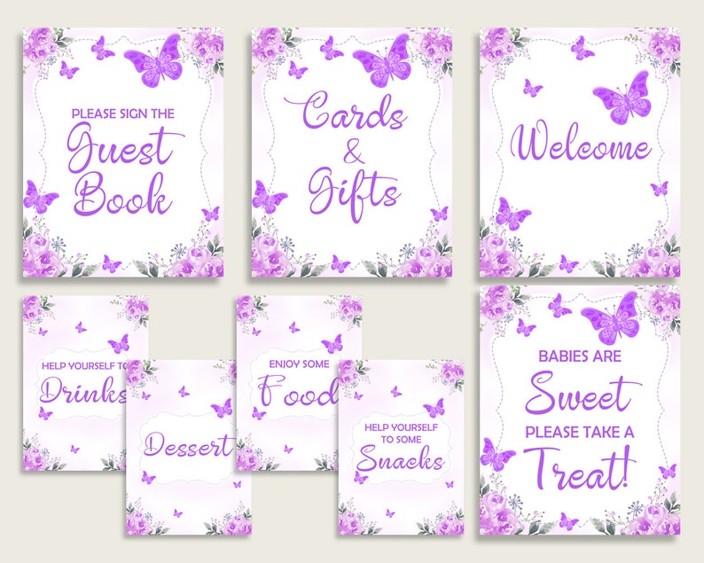 Puede incluir: Se&ntilde;ales imprimibles moradas y blancas con dise&ntilde;os de mariposas para un baby shower. Las se&ntilde;ales dicen "Por favor, firme el libro de visitas", "Tarjetas y regalos", "Bienvenido", "S&iacute;rvanse bebidas", "Disfruten de la comida", "S&iacute;rvanse aperitivos", "Postre", "&iexcl;Los beb&eacute;s son dulces, tomen un dulce!"
