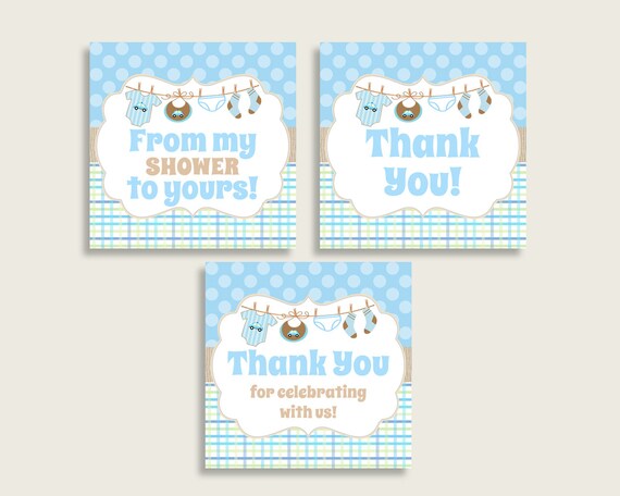 Clothes Baby Shower Square Thank You Tags 2 inch Printable, Blue Beige Boy Shower Gift Tags ...