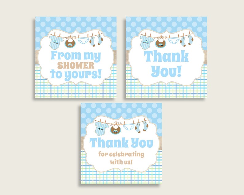 Clothes Baby Shower Square Thank You Tags 2 inch Printable, Blue Beige Boy Shower Gift Tags, Hang Tags Labels, Instant Download bc001 image 1
