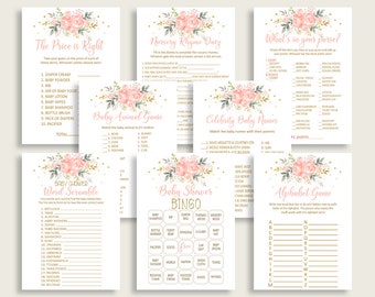 Peach Floral Baby Shower Games Printable Pack, Pink Gold Baby Shower Games Package Girl, Peach Floral Games Bundle Set, Instant 1W00B