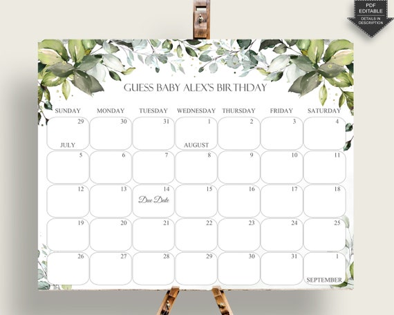 Greenery Due Date Calendar Editable, Gender Neutral Baby Shower Calendar Printable, Guess Baby Birthday, Instant Download Y8X33 - Etsy