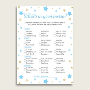 Stars What&#39;s In Your Purse Game Printable, Blue Gold Whats In Your Purse, Boy Baby Shower Purse Game, Instant Download, Most Popular bsr01