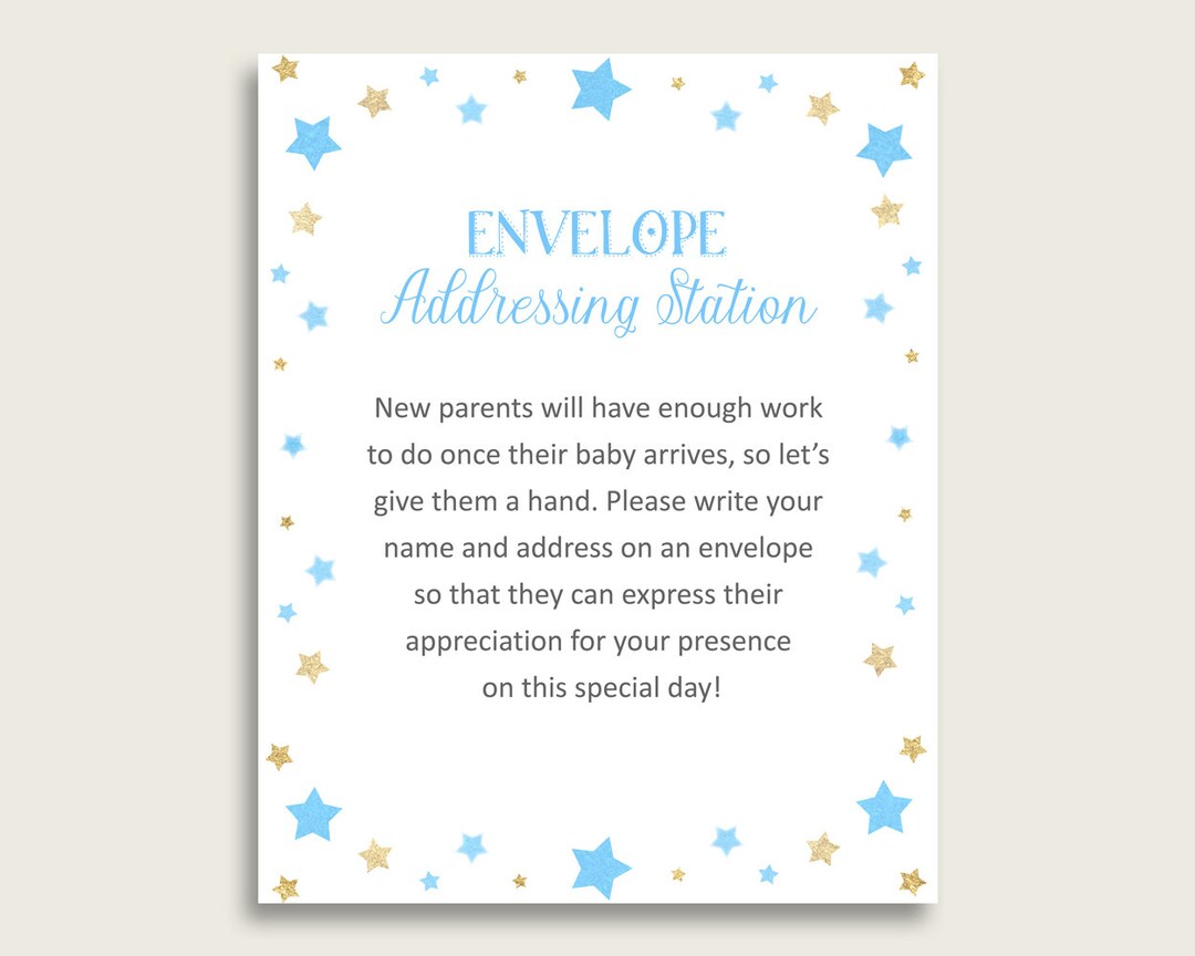 Blue Gold Baby Shower Address Sign Printable, Stars Envelope Station ...