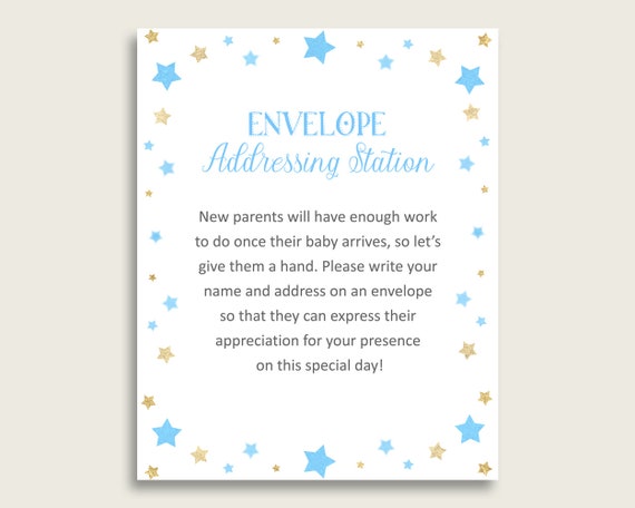 Blue Gold Baby Shower Address Sign Printable, Stars Envelope Station ...