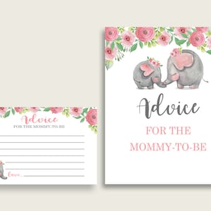 Cartoline e cartelli con consigli sull'elefante rosa per la futura mamma, Baby Shower stampabile Consigli grigio rosa per i nuovi genitori, Download istantaneo, ep001