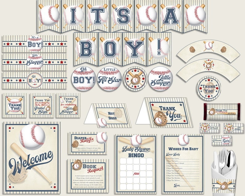 Blue Beige Baby Shower Decorations Boy Kit Baseball Baby Etsy