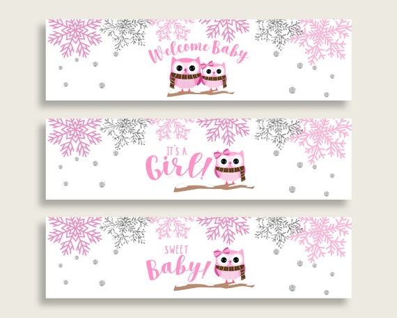 Pink Gray Water Bottle Labels Printable, Winter Owl Water ...