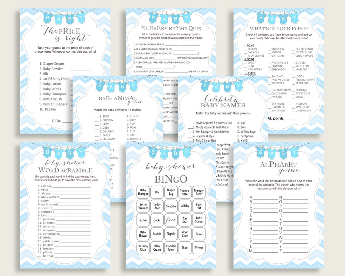 Chevron Baby Shower Games Printable Pack Blue White Baby - Etsy