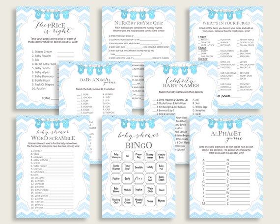 Chevron Baby Shower Games Printable Pack, Blue White Baby Shower Games Package Boy, Chevron Games Bundle Set, Instant Download, cbl01 Il_570xn