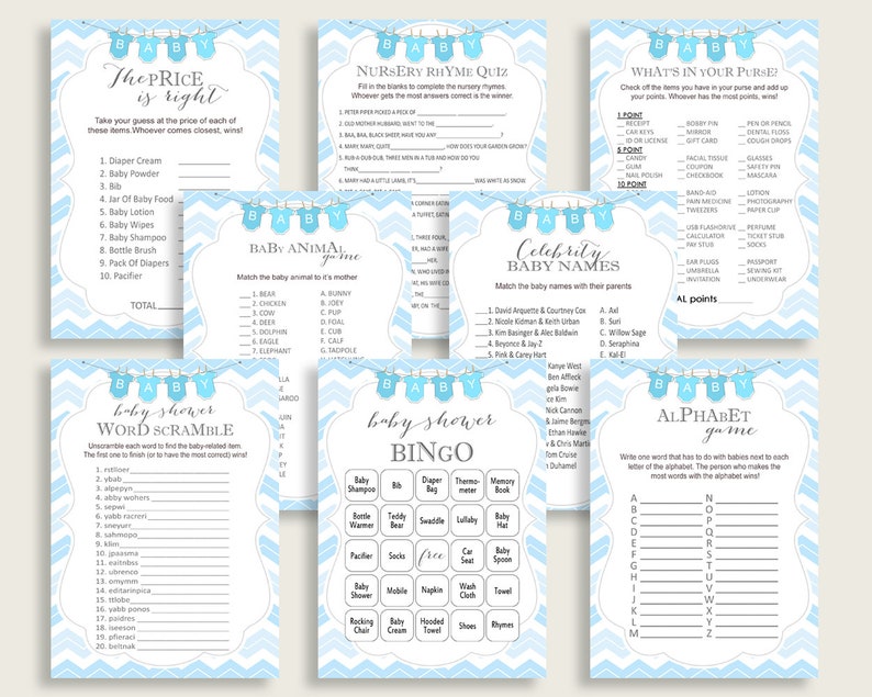 Chevron Baby Shower Games Printable Pack Blue White Baby - Etsy