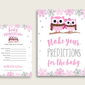 Winter Eule Baby Shower Karten & Schild druckbare, rosa graue Baby Voraussage Spiel Mädchen, Sofort Download, Wald Professor owt01