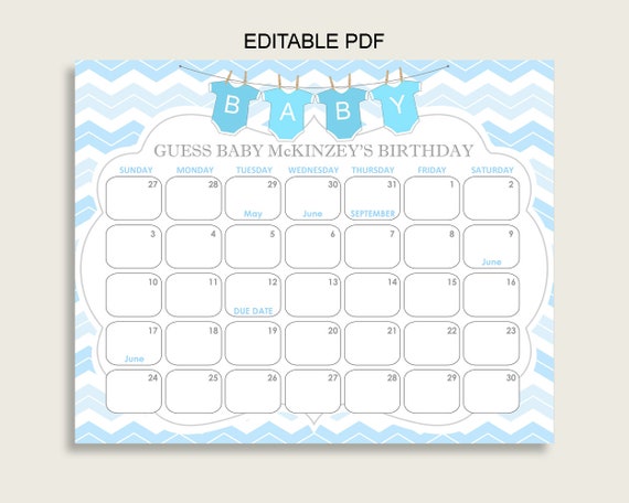 Blue White Guess Baby Due Date Calendar Game Printable | Etsy