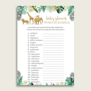Gender Neutral Baby Shower Word Scramble Game Printable, Cute Jungle Gold Green Word Scramble, Funny Activity, Instant Download, EJRED