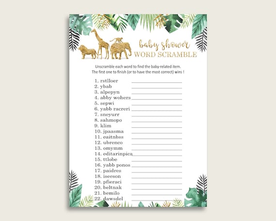 Gender Neutral Baby Shower Word Scramble Game Printable, Cute Jungle Gold Green Word Scramble, Funny Activity, Instant Download, EJRED Il_570xn