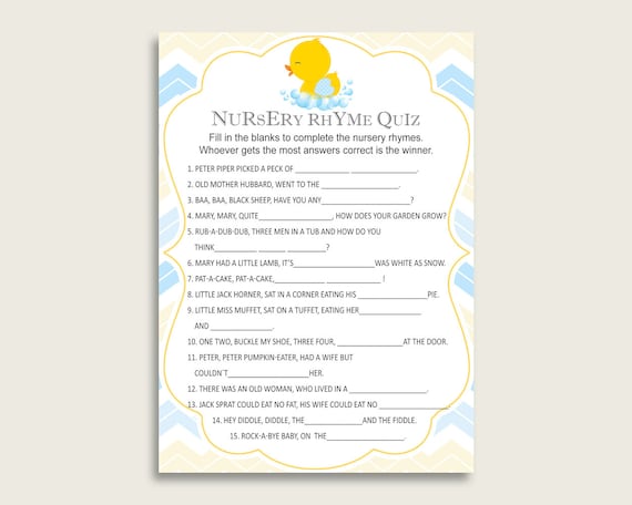 Rubber Duck Nursery Rhyme Quiz Printable Yellow Blue