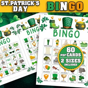 Può includere: Un set di 60 schede di bingo stampabili per il giorno di San Patrizio in due dimensioni. Le schede presentano un design a trifoglio verde e includono immagini di simboli irlandesi tradizionali come un folletto, un pentolone d'oro e un trifoglio.