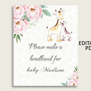 Giraffe Baby Shower Headband Sign, Pink Yellow Headband Station Sign Editable, Girl Shower Headband For Baby, Instant Download, sa001